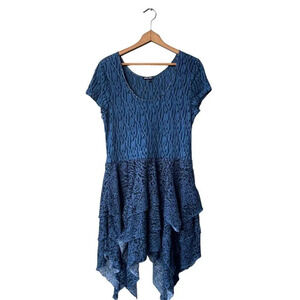 SAMUEL DONG Dress Short Sleeve Scoop-neck Blue Textured Tiered Asymmetric Size L